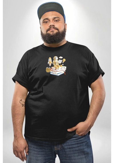 Angemiel Astronot Kitap Füze Saat Ampül Büyüteç Siyah Büyük Beden Erkek Kadın Unisex Basic Ön Baskılı Tişört Siyah