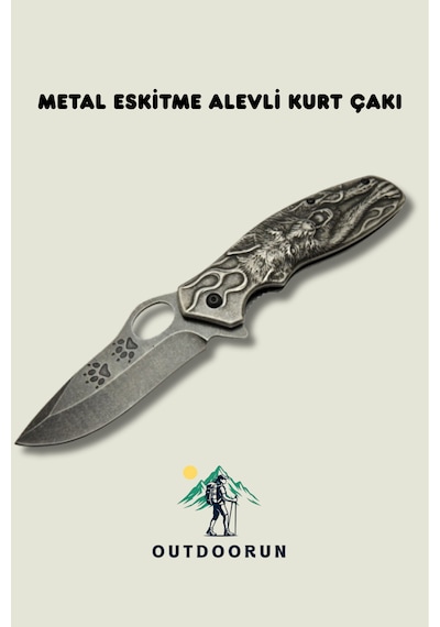 Metal Eskitme Alevli Kurt Kamp Çakı - 21 Cm siyah