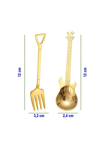 Jojobebek Gold Renk Gitar Tasarımlı Paslanmaz Çelik Kaşık ve Paslanmaz Çelik Çatal + Saklama Kutusu Sarı