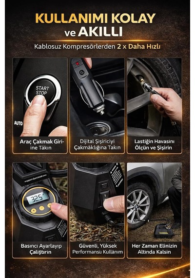 100w 150 Psı Kablolu Hava Kompresörü Dijital Ekranlı Hızlı Lastik Şişirme Pompası 12v