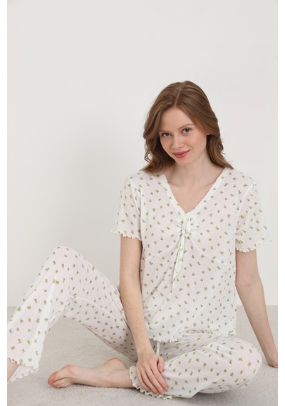 Elitol Jakarlı Viskon Bağlamalı Kadın Pijama Takımı Desenli-4