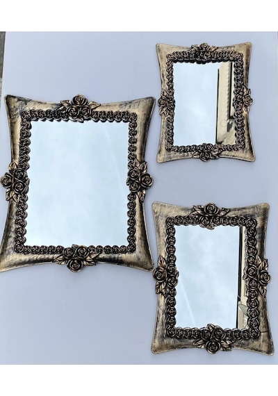 Tr Peramari Dekoratif Polyester Üçlü Kare Ayna Takımı Gold Siyah Eskitme Gold Siyah Diğer