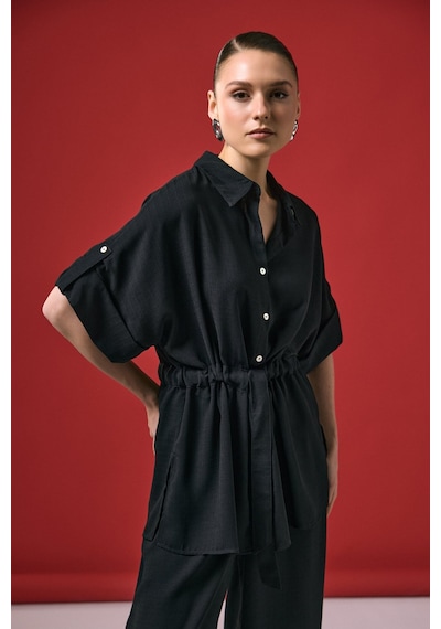 Beli Bağlamalı Kimono Gömlek - Siyah-137288