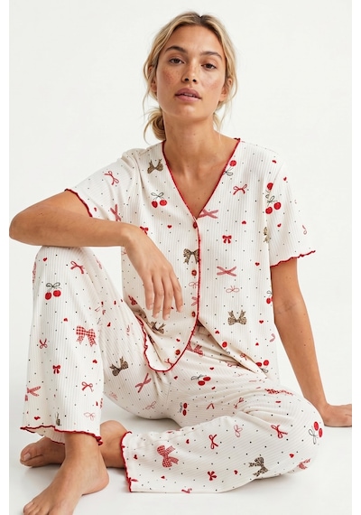 Siyah İnci Yumuşak Tuşe Yazlık Fitilli Pamuklu Örme Pijama Takım 7994 Leopar Fiyonk