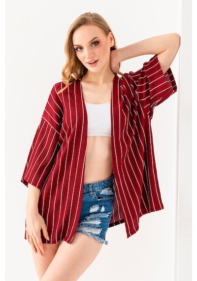 Giysa Kadın Yarım Kol Çizgili Bürümcük Kimono Bordo - 254406 Bordo