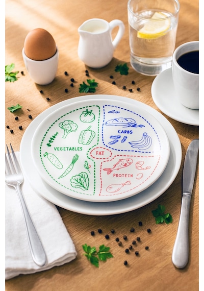 Grandora Diyet Tabağı - 27 Cm Fit Yaşam Porsiyon Kontrol Tabağı, Vegetables Protein Carbs Desenli Diyet Tabak Çok Renkli