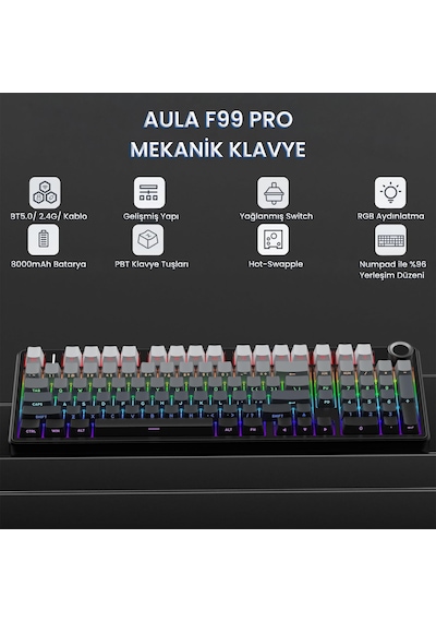Aula F99 Pro 3 Modlu Rgb Hot Swap Mekanik Nimbus V3 Switch Kablosuz Makrolu Klavye Gradyan Gri