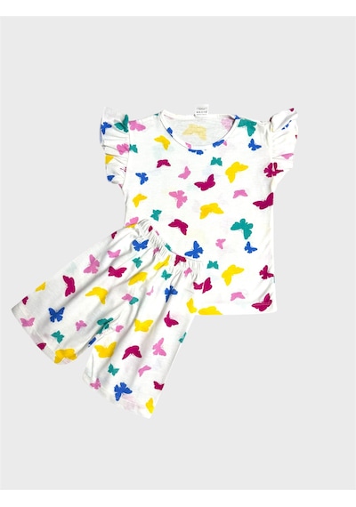 Aliş Kids Kız Çocuk Pamuklu Beyaz Desenli Kolları Fırfırlı Şortlu Yazlık Pijama Takımı