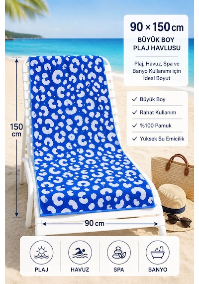 Büyük Boy Banyo Plaj Havlusu 90x150 Cm %100 Pamuklu Riviera 700 Gr Mavi