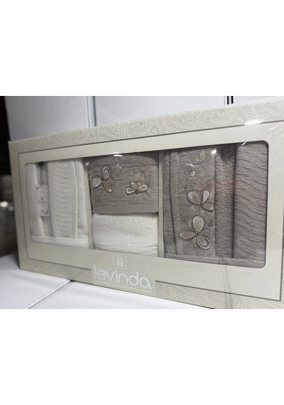 Levinda 3d Nakışlı Bornoz Takımı Krem-kahve