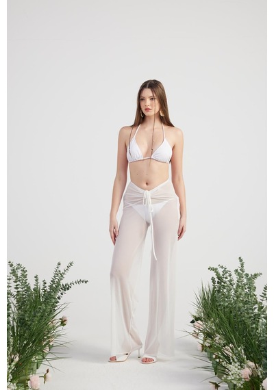 Holly Lolly Beli İp Detaylı Tül Pareo Shirred Pantolon Beyaz