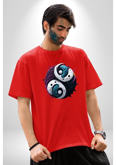 Renkli Yin İle Yang Kuramı Pamuklu Bisiklet Yaka Unisex Oversize Boyfriend Dijital Baskılı Kırmızı T-shirt Kırmızı