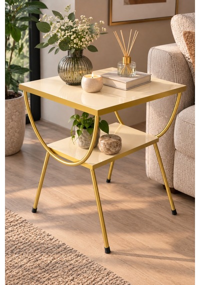Sulorahome Gold Metal Yan Sehpa Krem Komodin Krem - Altın
