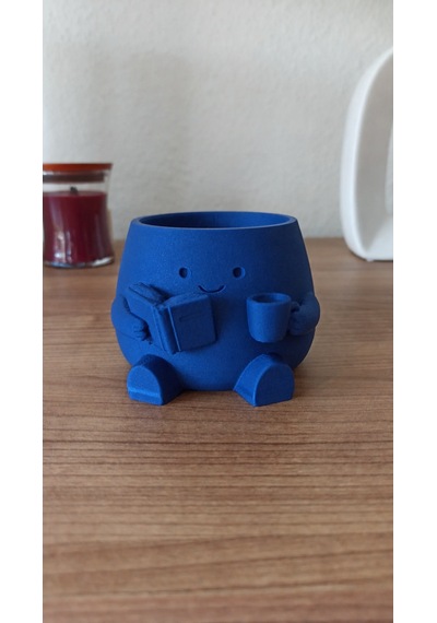 3d Baskı Kitap Okuyan Saksı - Kupa Tutan Sevimli Saksı-mavi Çok Renkli