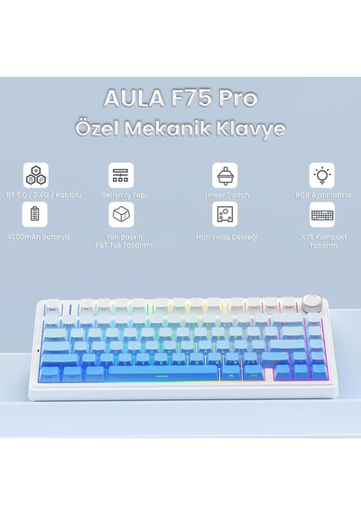 Aula F75 Mekanik Rgb Tkl Seiya Switch Kablosuz Makrolu Hot Swap Gaming Klavye Gradyan Mavi
