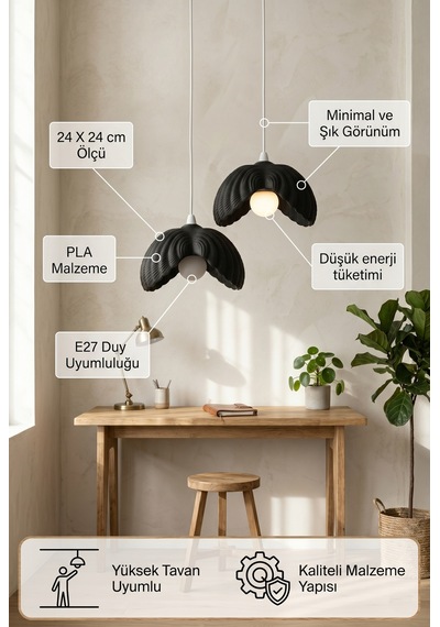 2 Li Siyah Modern Sarkıt Aydınlatma - Organik Formlu Mutfak Masası Avizesi - Ayarlanabilir Boy E27 Duy
