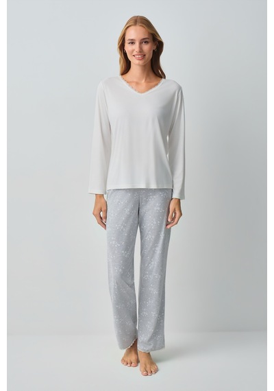 Suwen Griss Pamuklu Pijama Takımı Wsh10510158964 Gri Melanj