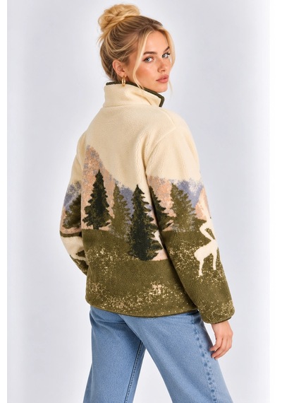 Mevese Cepli Ve Yarım Fermuarlı Dik Yaka Desenli Kadın Oversize Polar Sweat - Krem-yeşil Mevese Cepli Ve Yarım Fermuarlı Dik Yaka Desenli Kadın Oversize Polar Sweat - Krem-yeşil