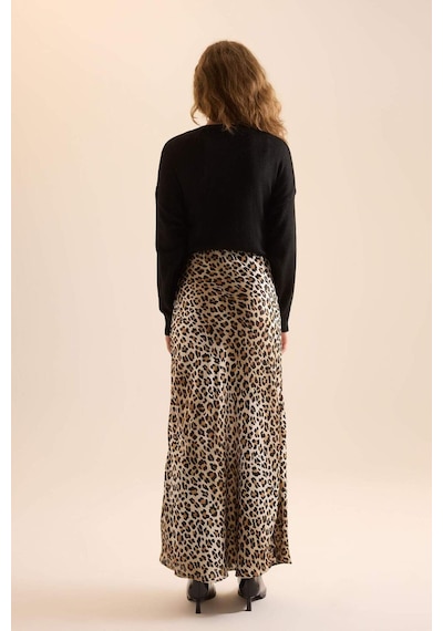 Defacto Straight Fit Normal Bel Leopar Desenli Saten Maxi Etek D6886axnser103 Ekru