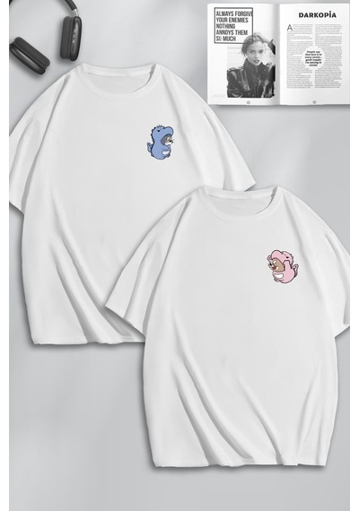 Unisex Kadın Erkek Dinozor Tom Ve Jerry Baskılı Sevgili Çift Kombini Tasarım Oversize Tshirt 2'li Beyaz Mck0105 Beyaz