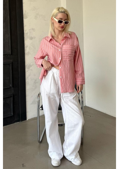 Madmext Pembe Çizgili Cepli Kadın Gömlek Mg2345 Pembe