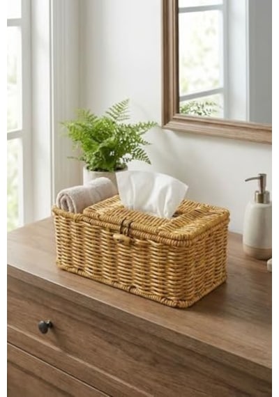 Bölmeli Kapaklı Doğal Rattan Görünümlü Hasır Organizer Sepet, Peçetelik, Makyaj Ve Takı Düzenleyici, Plastik, 24x10x10 Cm -
