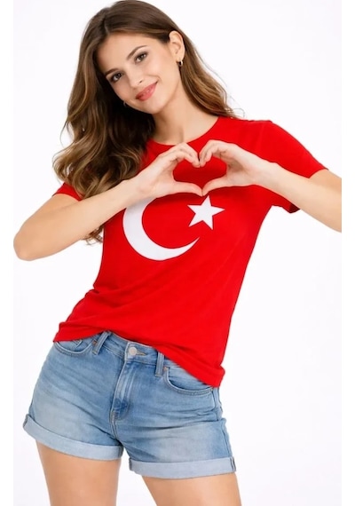 Valensdesign T-shirt Kısa Kol Bisiklet Yaka Ay Yıldız Bayrak Baskılı Tişört - Kırmızı