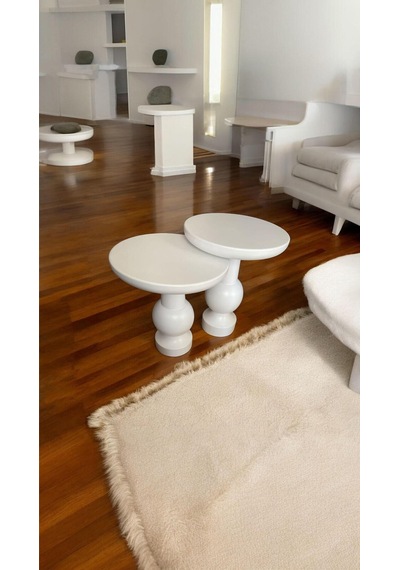 Wood Wooden Ahşap Beyaz Renk 2'li Set Fitilli Mantar Yan Sehpa Modern Fiskos / Zigon Sehpa Beyaz