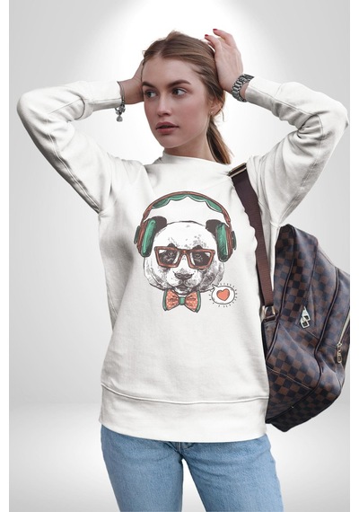 Kulaklıklı Hipster Portre Panda Unisex Beyaz Baskılı Sweatshirt Beyaz