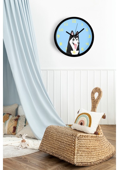 Husky Köpek İllüstrasyonlu Modern Duvar Saati - Çocuk Odası Duvar Saati - 25cm - Önü Camlı-jh1175 Siyah