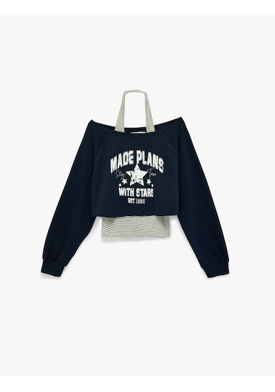 Koton Rahat Kalıp Uzun Kollu Boyundan Bağlama Detaylı Crop Baskılı Sweatshirt Lacivert 6sal10378ık