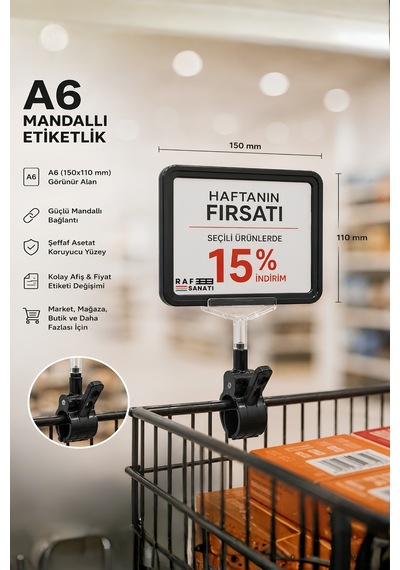 A6 Fiyatlık Mandallı Etiketlik Sepet Raf Askılık Fiyat Etiketi Çerçeveli Market Mağaza Siyah