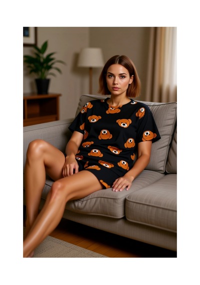 Ersefa Kadın Ayıcık Desenli Pamuklu Pijama Takımı Lounge Giyim Fonksiyon Antrasit