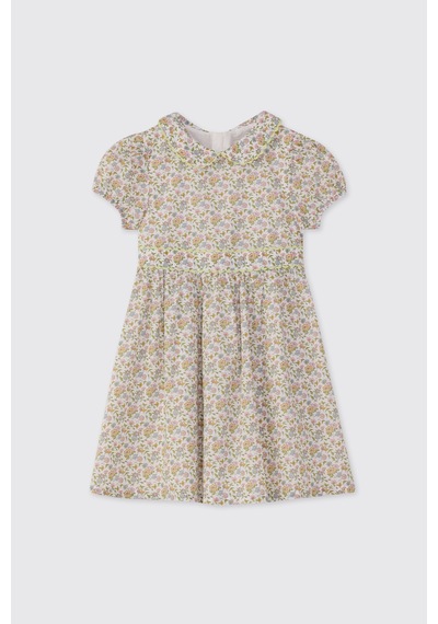 Made With Liberty Fabric Liberty Kumaş Kız Çocuk Bebe Yakalı Çiçek Desenli Elbise Krem