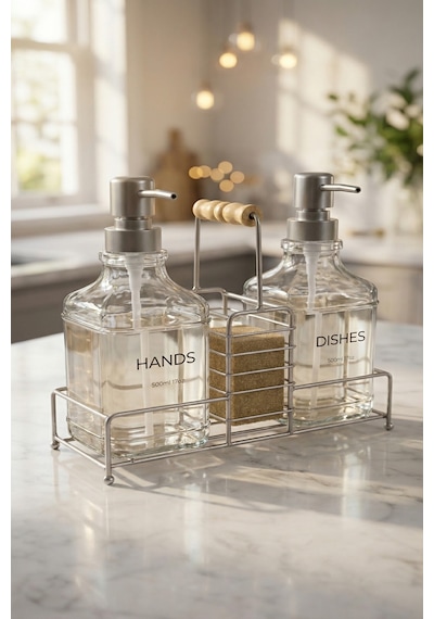 Makri Home Lüks Cam Ikili Sıvı Sabunluk & Deterjanlık Seti-500 Ml Cam Sabunluk, Bambu Kulplu Metal Stantlı Siyah