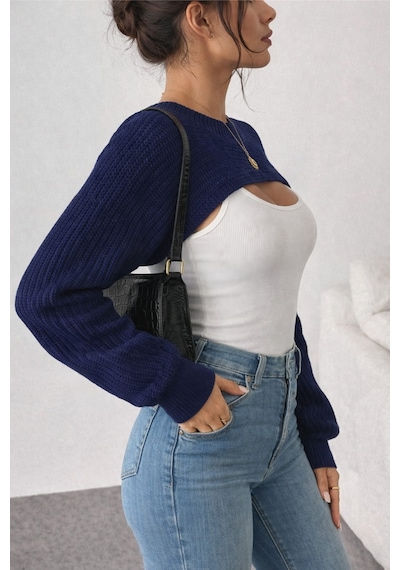 Tarz Cool Kadın Lacivert Dekolteli Crop Triko Bolero Lacivert