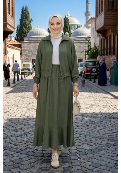 Hb Harma Time Butik Kadın Fermuarlı Çilek Kumaş Haki Ceket Etek İkili Takım