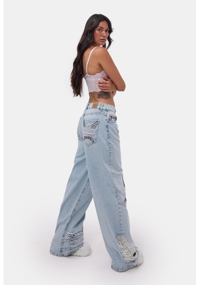 Kadın Ice 12s6-3 Süper Baggy Özel Nakışlı Tasarım Denim Jean Buz Mavi