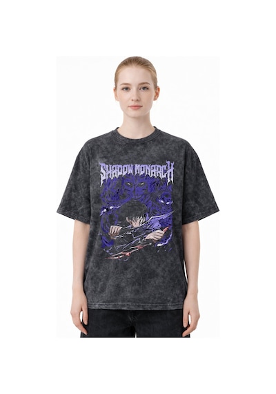 Shadow Monarch Ashborn Solo Leveling Anime Baskılı Unisex Oversiz Siyah