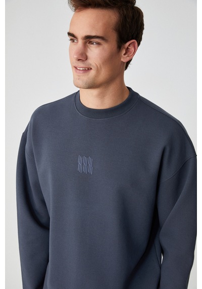 Grımelange Plemon Erkek Bisiklet Yaka Uzun Kol Baskı Detaylı Oversize Gri Sweatshirt Gri