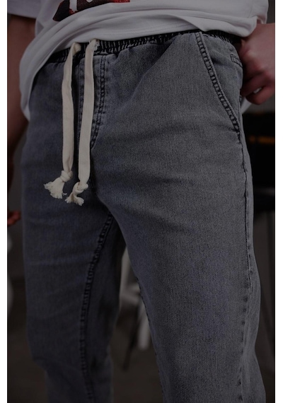 Oksit Zessi Paçası Ve Beli Lastikli Slim Fit Likralı Kot Jogger Pantolon Siyah