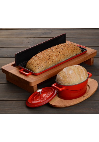 Lava Döküm Ekmek Tenceresi / Kayın Ağacı Servis Standı / Terrine Serisi. Ölçü 11x29cm. - Kırmızı