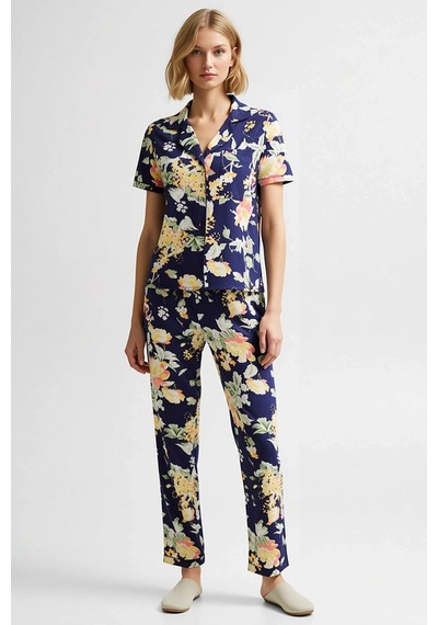 Benerly Kadın Gömlek Yaka Kısa Kollu Pijama Takımı Çiçekli Regular Kalıp lacivert Benerly Kadın Gömlek Yaka Kısa Kollu Pijama Takımı Çiçekli Regular Kalıp lacivert