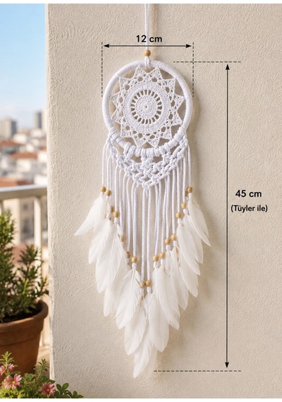 Beyaz Makrome Düş Kapanı 12 Cm Kasnak 45 Cm Tüylü Bohem Dekoratif Duvar Süsü