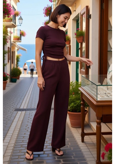 Benerly Kadın Kısa Kollu Bisiklet Yaka Crop Top İspanyol Paça Flare Panto Mürdüm Benerly Kadın Kısa Kollu Bisiklet Yaka Crop Top İspanyol Paça Flare Panto Mürdüm