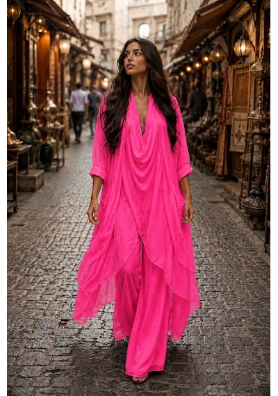 Bohem Stil Italyan Ipek Detaylı Oversize Kap Bluz- Wes Pantolon Takım Pembe