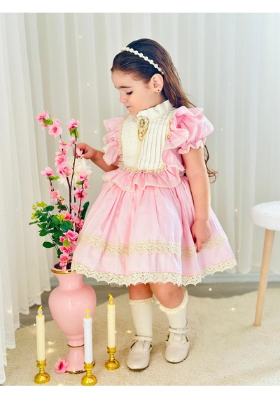 H L Y Karol Tasarım Pembe Krem Vintage Kız Bebek Elbisesi,doğum Günü,fotoğraf Çekim Elbise,0-12 Yaş Uygun Pembe
