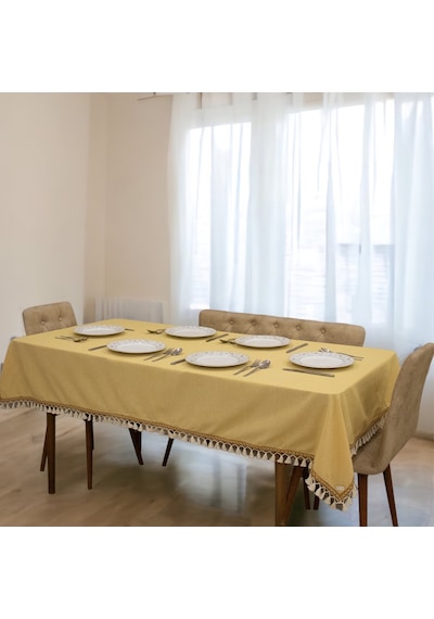 Dnc Home Tekstil  Sarı Pamuk Keten Kahverengi Şerit Ponponlu Masa Örtüsü