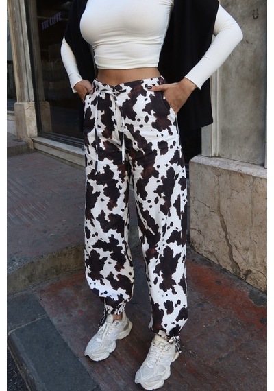 Kechi Woman Kadın Gabardin İnek Desenli Beli Lastikli Jogger Pantolon Kw3166