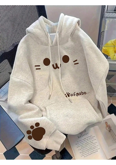 Startmore Moosta Plus-size Women's Cat Paw And Face Print Warm Drawstring Hoodie Fall Cloth For W Çok Renkli
